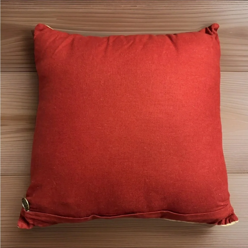 PIER 1 Pillow 15x15 Tan Red Canvas Sequined Beaded Holiday Maple Leaf Fall Decor